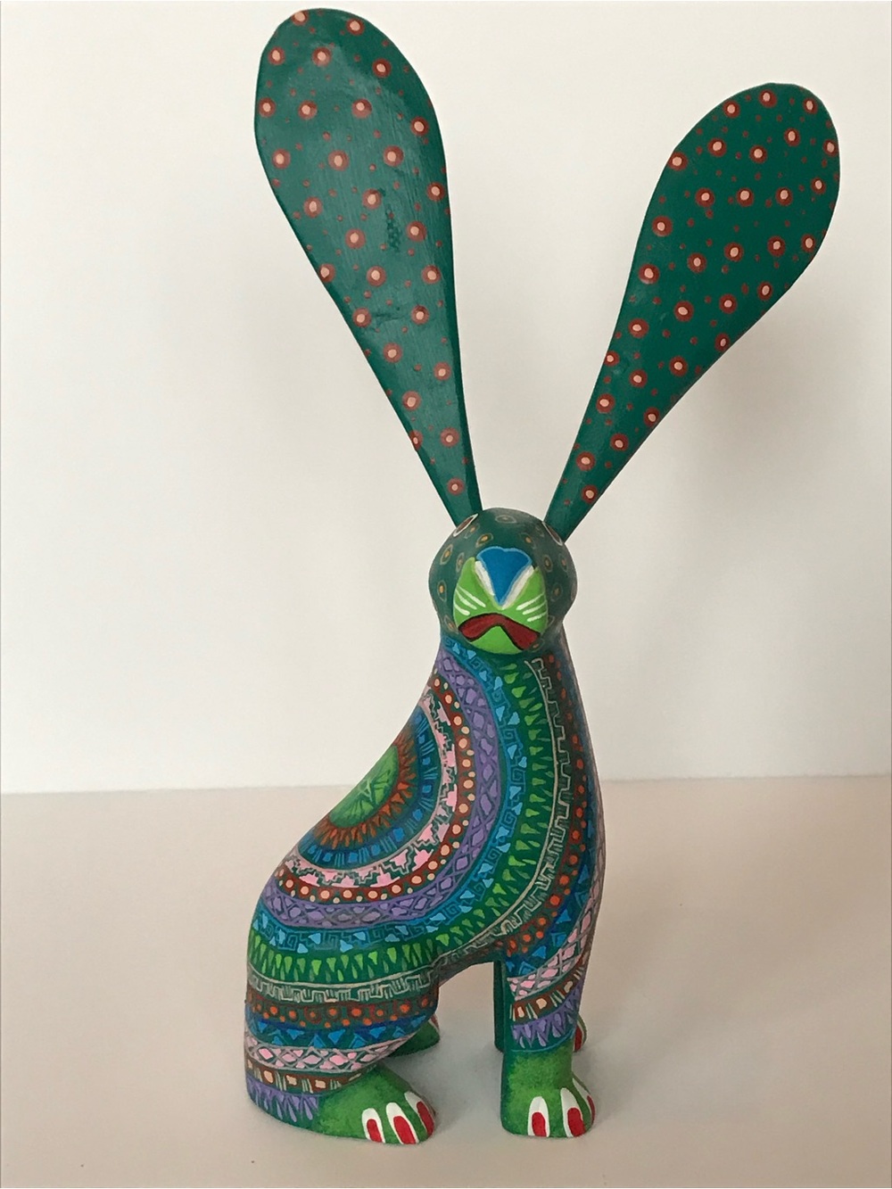 Signed Hand-Painted Teal Figurine with Colorful Accents